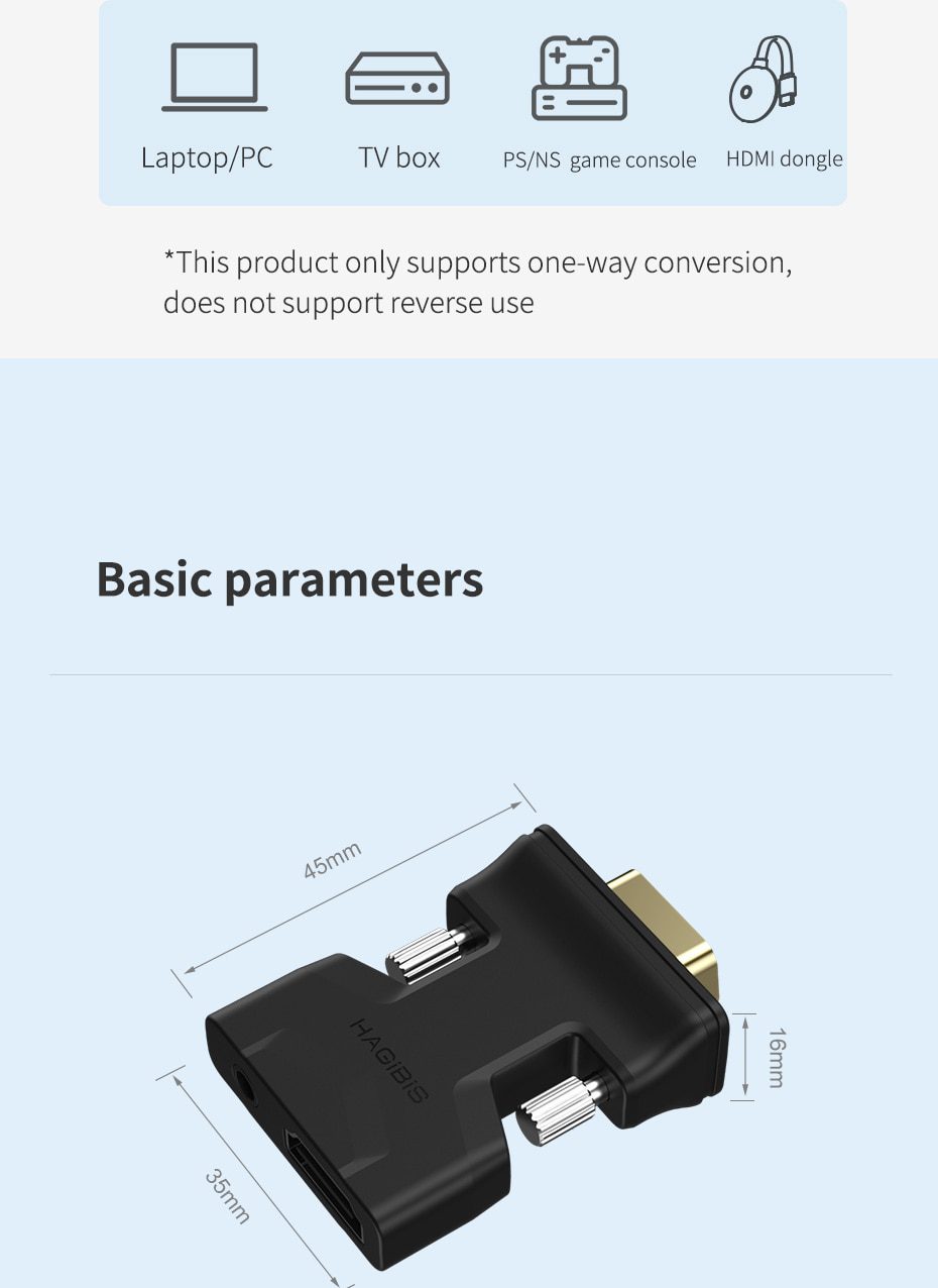 Hagibis HDMI-compatible to VGA Adapter with Audio Port Female Video Converter 3.5mm for PS4 Laptop PC TV Box Monitor Projector
