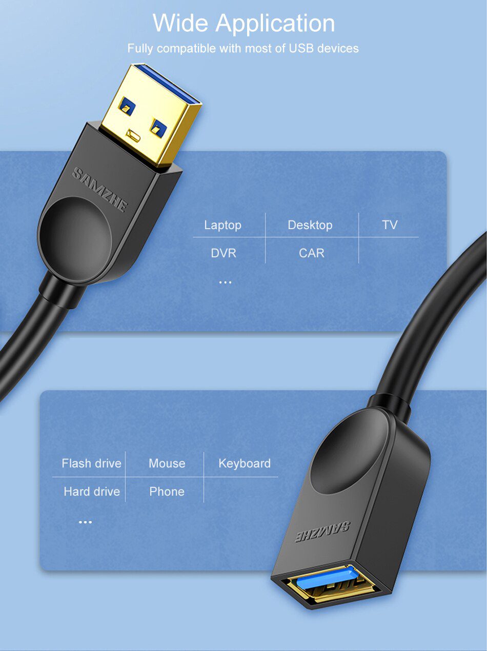 SAMZHE USB 3.0 Extension Male to Female 2.0 Extender Cable For PC TV PS4 Computer Laptop Extender