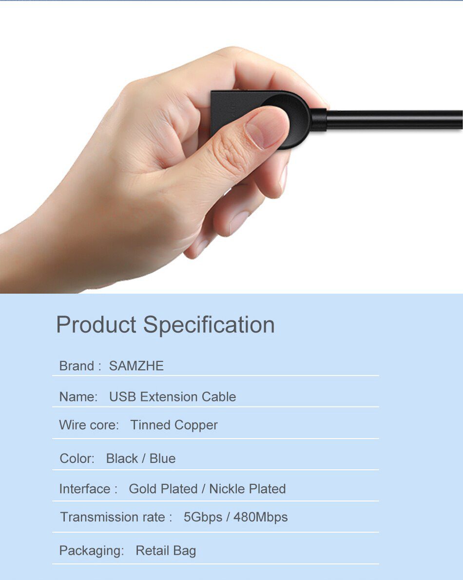 SAMZHE USB 3.0 Extension Male to Female 2.0 Extender Cable For PC TV PS4 Computer Laptop Extender