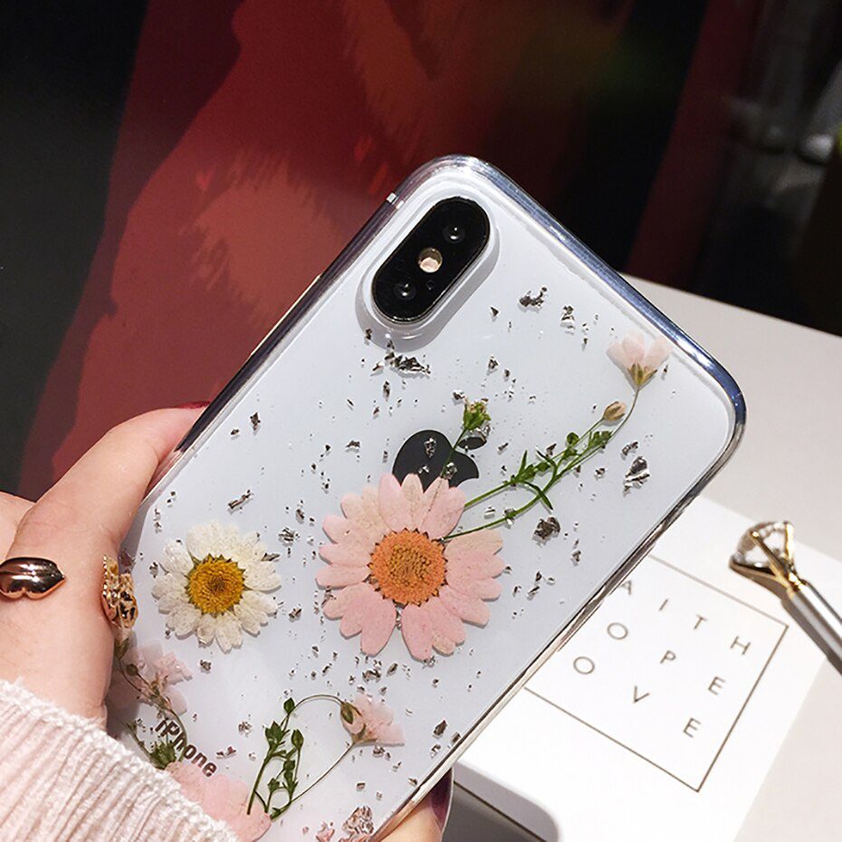 Qianliyao Dried Flower Silver foil Clear Phone Cases For iPhone 12 11 Pro Max XS Max XR X 6 6S 7 8 Plus SE Soft Silicone Cover