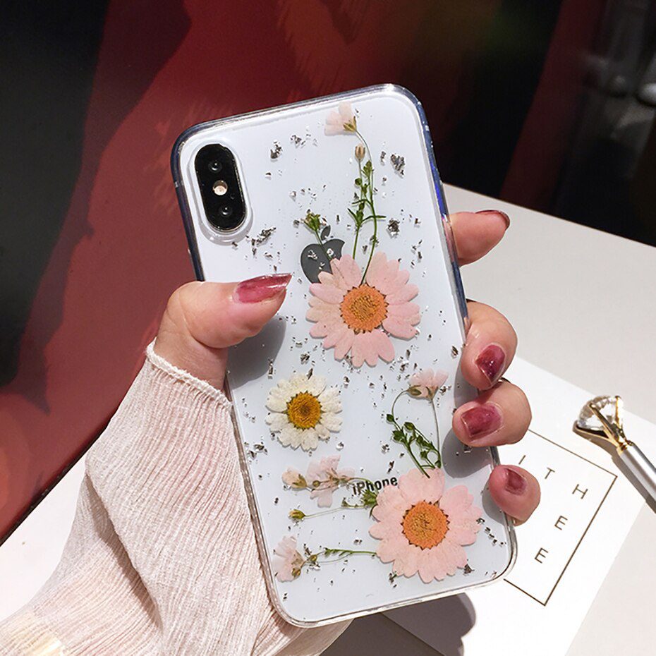 Qianliyao Dried Flower Silver foil Clear Phone Cases For iPhone 12 11 Pro Max XS Max XR X 6 6S 7 8 Plus SE Soft Silicone Cover