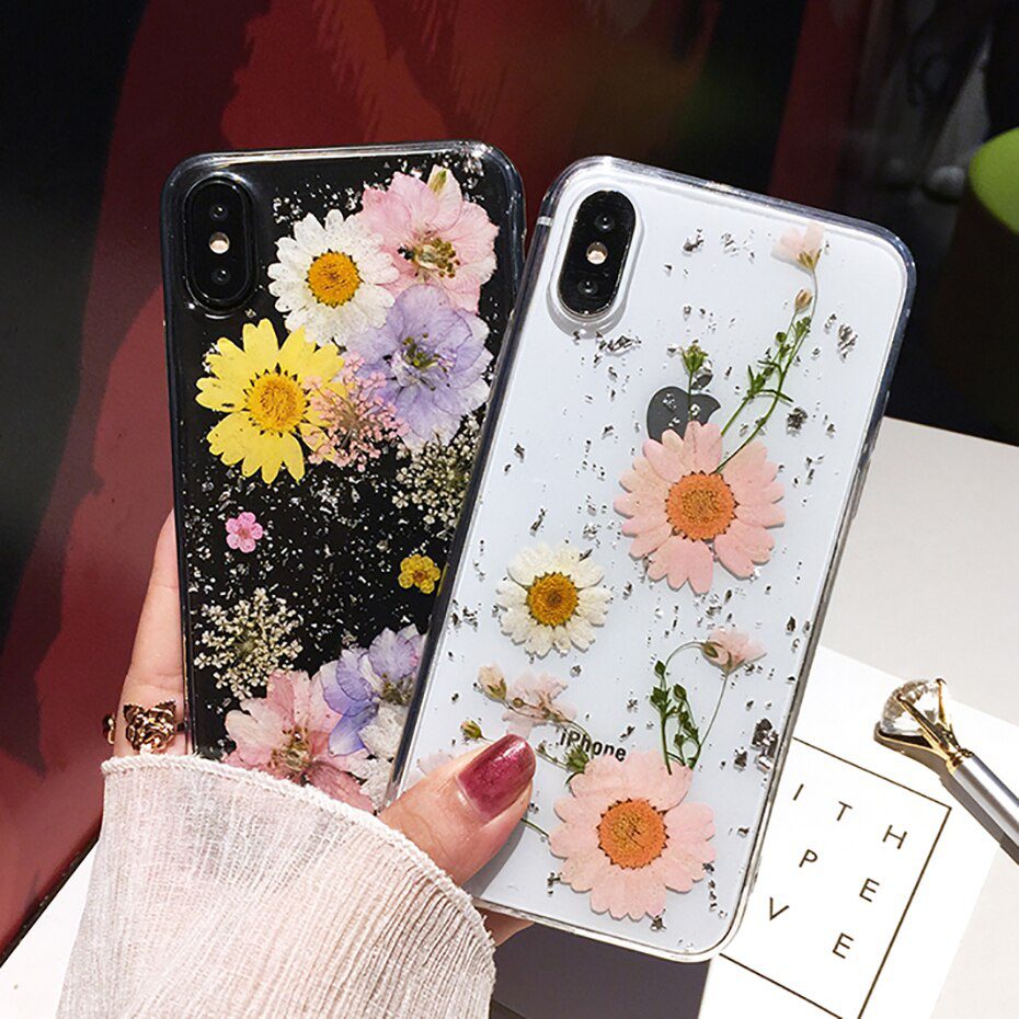 Qianliyao Dried Flower Silver foil Clear Phone Cases For iPhone 12 11 Pro Max XS Max XR X 6 6S 7 8 Plus SE Soft Silicone Cover