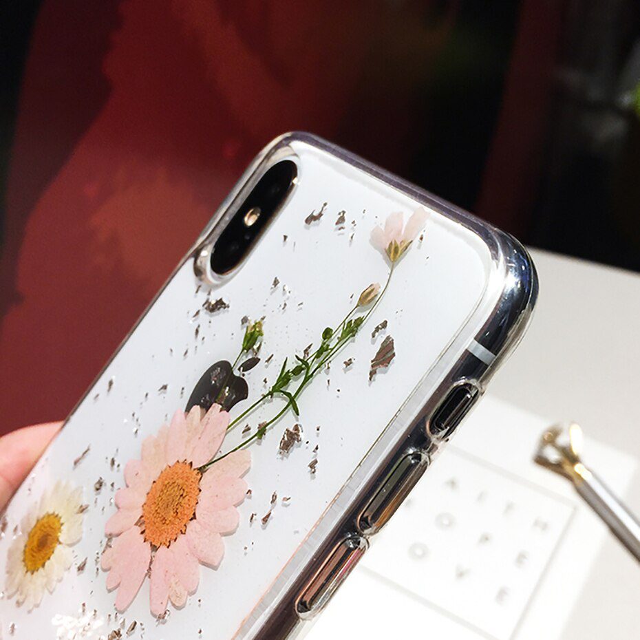 Qianliyao Dried Flower Silver foil Clear Phone Cases For iPhone 12 11 Pro Max XS Max XR X 6 6S 7 8 Plus SE Soft Silicone Cover