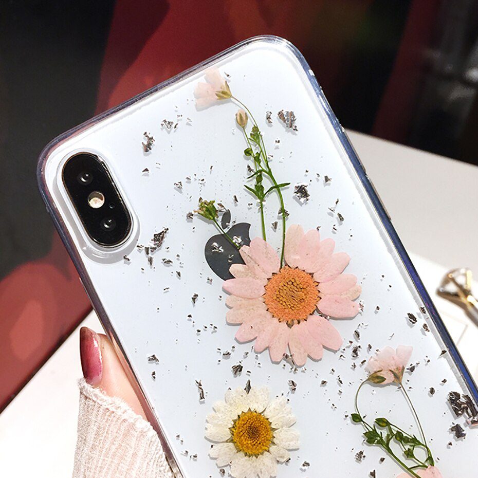 Qianliyao Dried Flower Silver foil Clear Phone Cases For iPhone 12 11 Pro Max XS Max XR X 6 6S 7 8 Plus SE Soft Silicone Cover