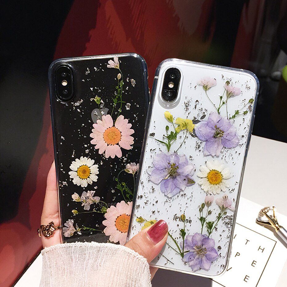 Qianliyao Dried Flower Silver foil Clear Phone Cases For iPhone 12 11 Pro Max XS Max XR X 6 6S 7 8 Plus SE Soft Silicone Cover