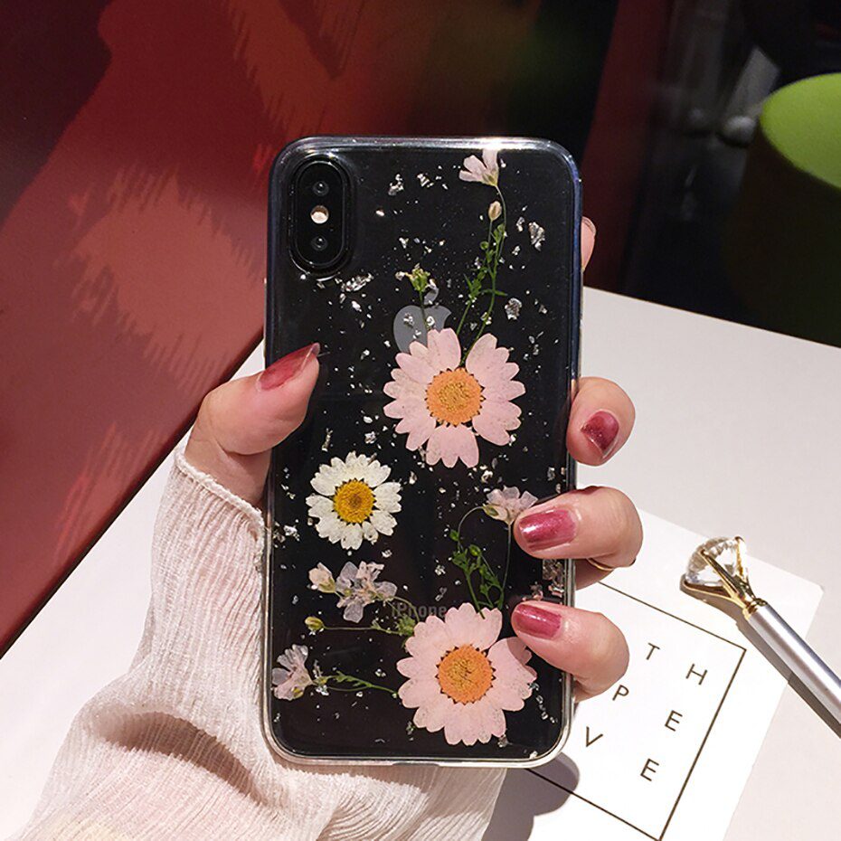 Qianliyao Dried Flower Silver foil Clear Phone Cases For iPhone 12 11 Pro Max XS Max XR X 6 6S 7 8 Plus SE Soft Silicone Cover