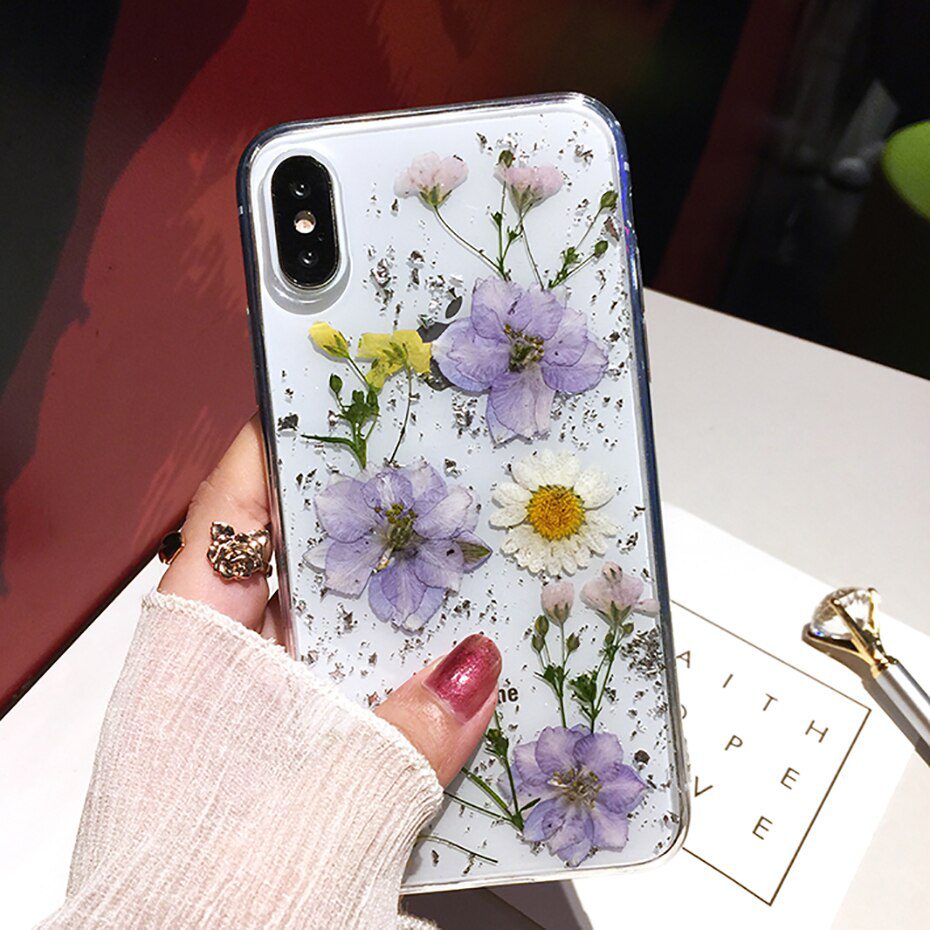 Qianliyao Dried Flower Silver foil Clear Phone Cases For iPhone 12 11 Pro Max XS Max XR X 6 6S 7 8 Plus SE Soft Silicone Cover