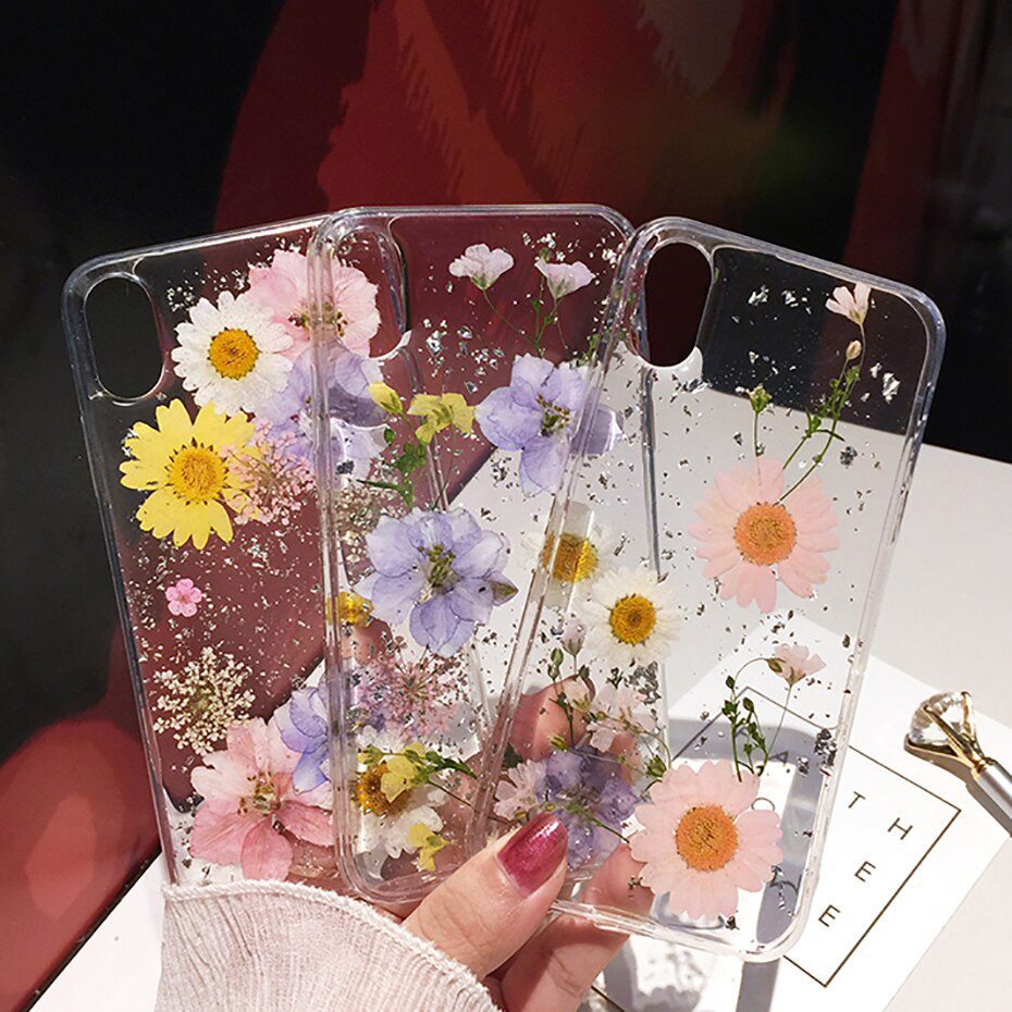 Qianliyao Dried Flower Silver foil Clear Phone Cases For iPhone 12 11 Pro Max XS Max XR X 6 6S 7 8 Plus SE Soft Silicone Cover