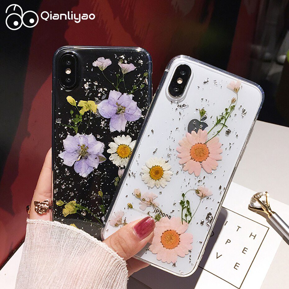 Qianliyao Dried Flower Silver foil Clear Phone Cases For iPhone 12 11 Pro Max XS Max XR X 6 6S 7 8 Plus SE Soft Silicone Cover