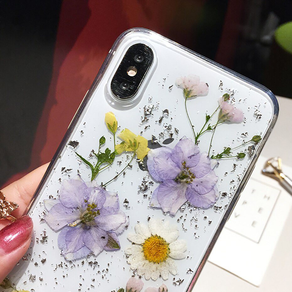 Qianliyao Dried Flower Silver foil Clear Phone Cases For iPhone 12 11 Pro Max XS Max XR X 6 6S 7 8 Plus SE Soft Silicone Cover