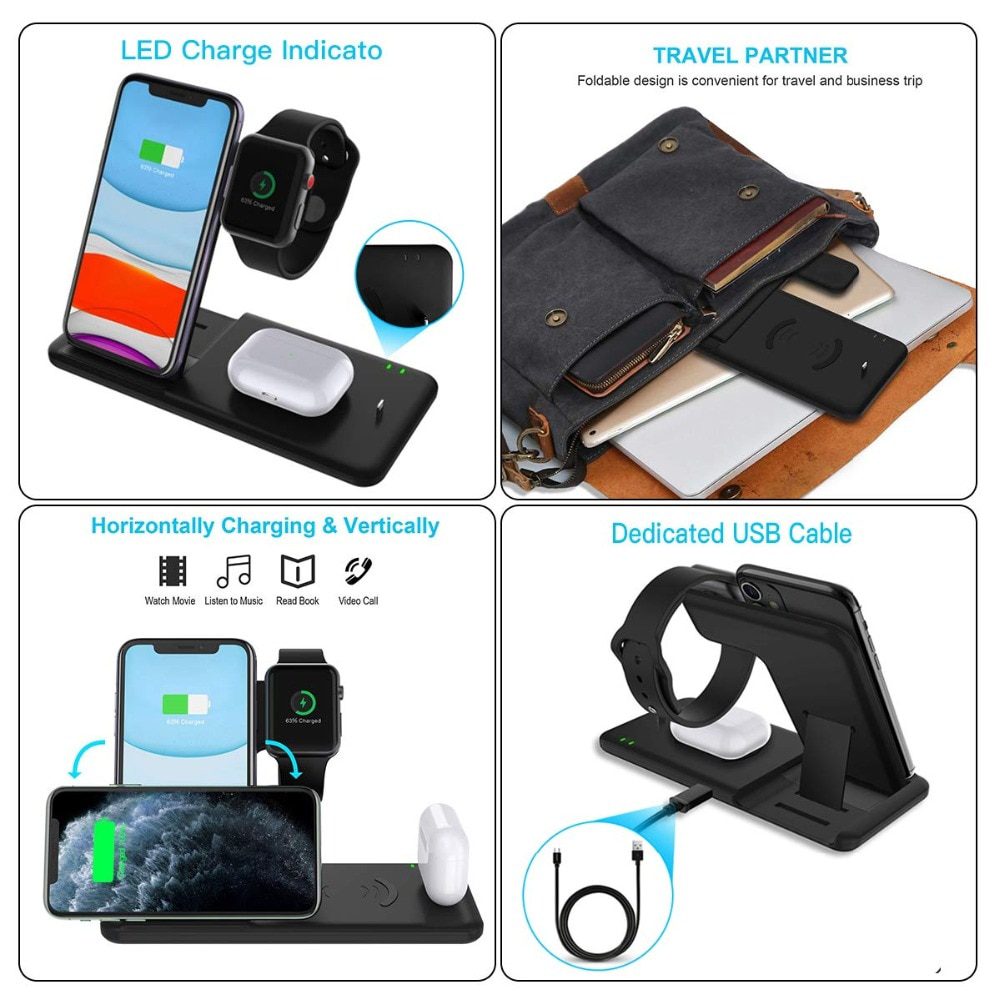 15W Qi Fast Wireless Charger Stand For iPhone 11 XR X 8 Apple Watch 4 in 1 Foldable Charging Dock Station for Airpods Pro iWatch