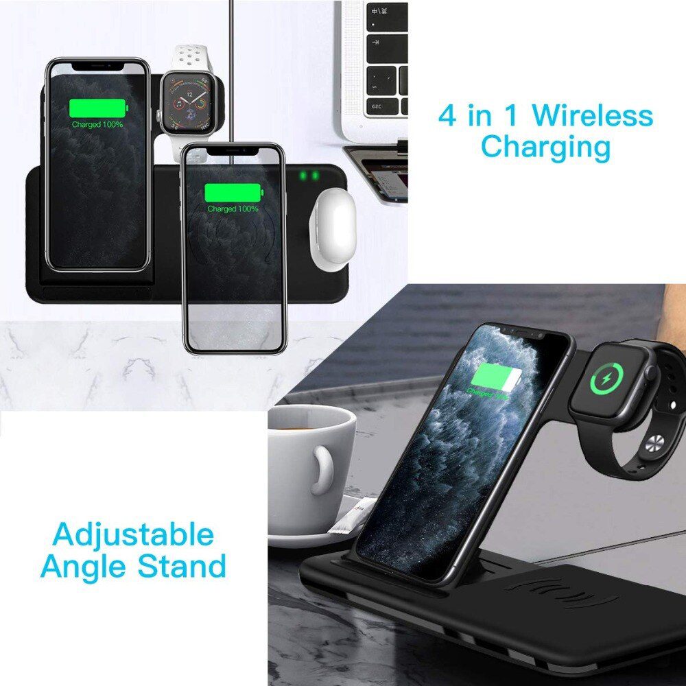 15W Qi Fast Wireless Charger Stand For iPhone 11 XR X 8 Apple Watch 4 in 1 Foldable Charging Dock Station for Airpods Pro iWatch