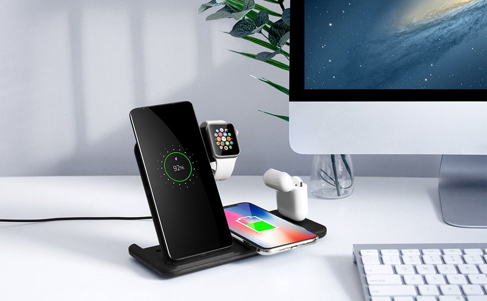 15W Qi Fast Wireless Charger Stand For iPhone 11 XR X 8 Apple Watch 4 in 1 Foldable Charging Dock Station for Airpods Pro iWatch