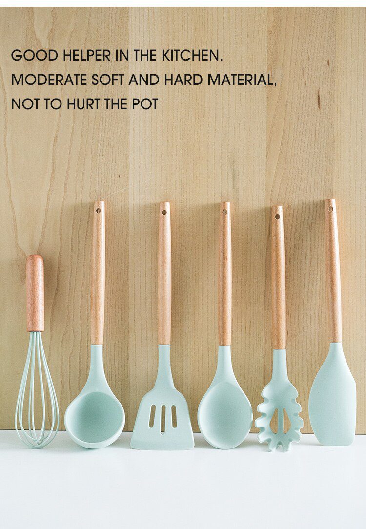 Silicone Kitchenware Cooking Utensils Set Non-stick Cookware Spatula Shovel Egg Beaters Wooden Handle Kitchen Cooking Tool Set Silicone Kitchenware Cooking Utensils Set Non-stick Cookware Spatula Shovel Egg Beaters Wooden Handle Kitchen Cooking Tool Set