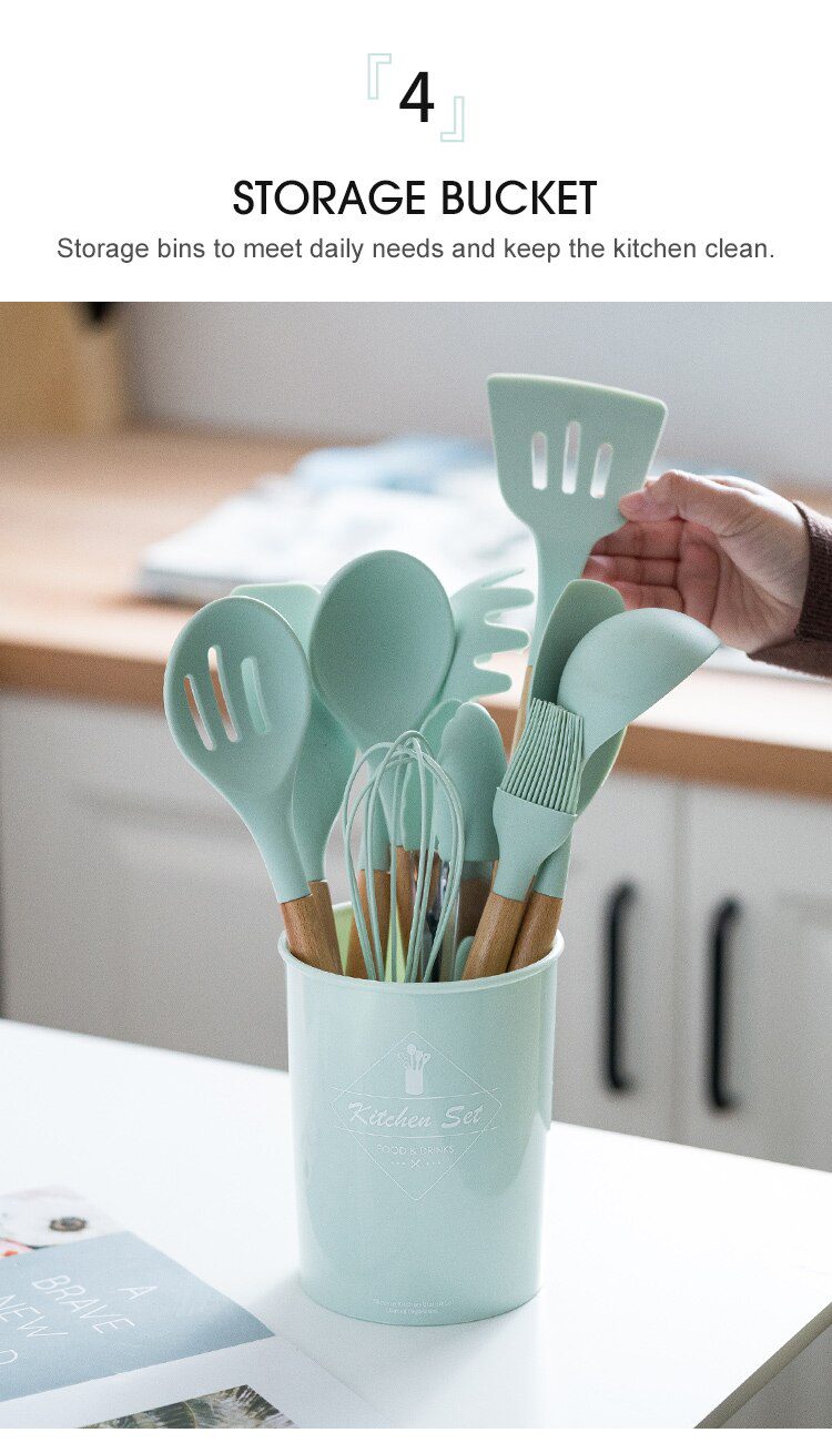 Silicone Kitchenware Cooking Utensils Set Non-stick Cookware Spatula Shovel Egg Beaters Wooden Handle Kitchen Cooking Tool Set Silicone Kitchenware Cooking Utensils Set Non-stick Cookware Spatula Shovel Egg Beaters Wooden Handle Kitchen Cooking Tool Set