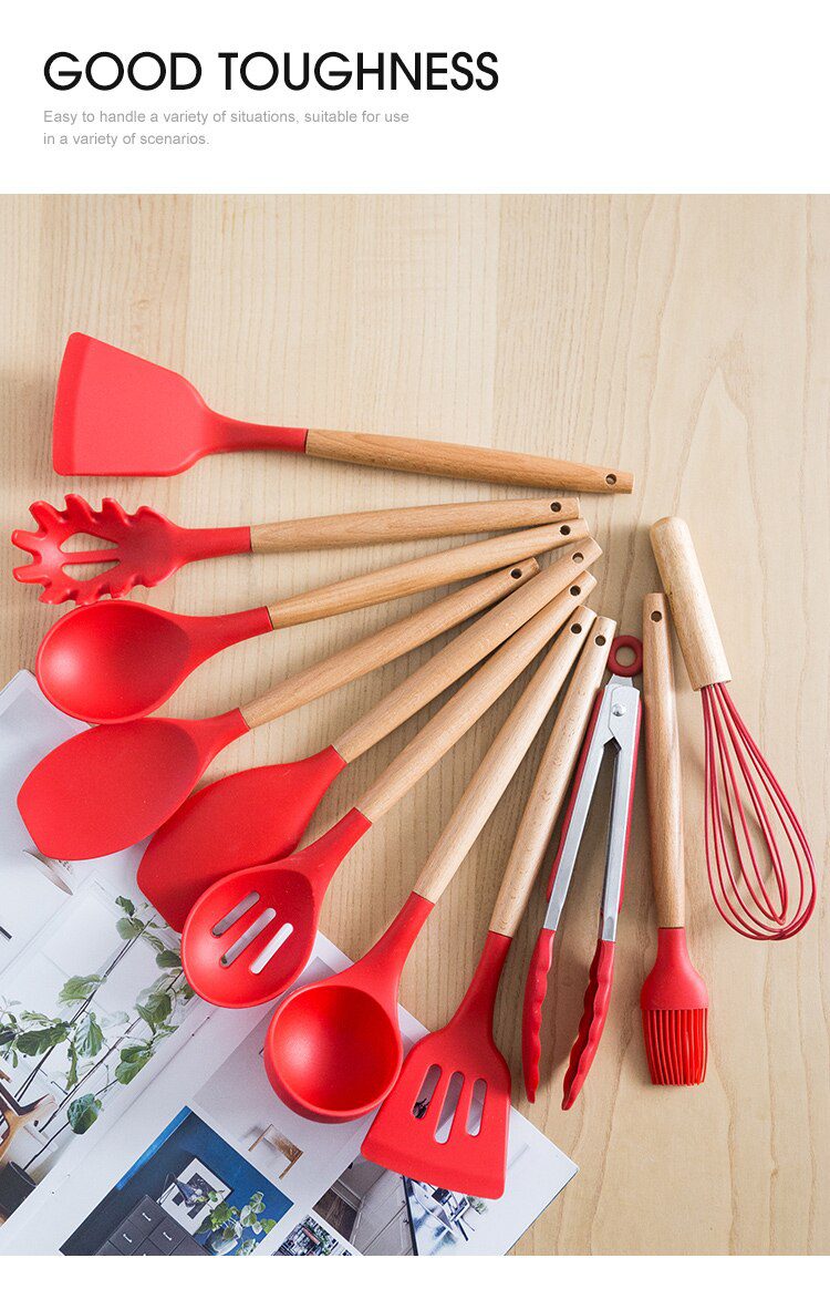 Silicone Kitchenware Cooking Utensils Set Non-stick Cookware Spatula Shovel Egg Beaters Wooden Handle Kitchen Cooking Tool Set Silicone Kitchenware Cooking Utensils Set Non-stick Cookware Spatula Shovel Egg Beaters Wooden Handle Kitchen Cooking Tool Set
