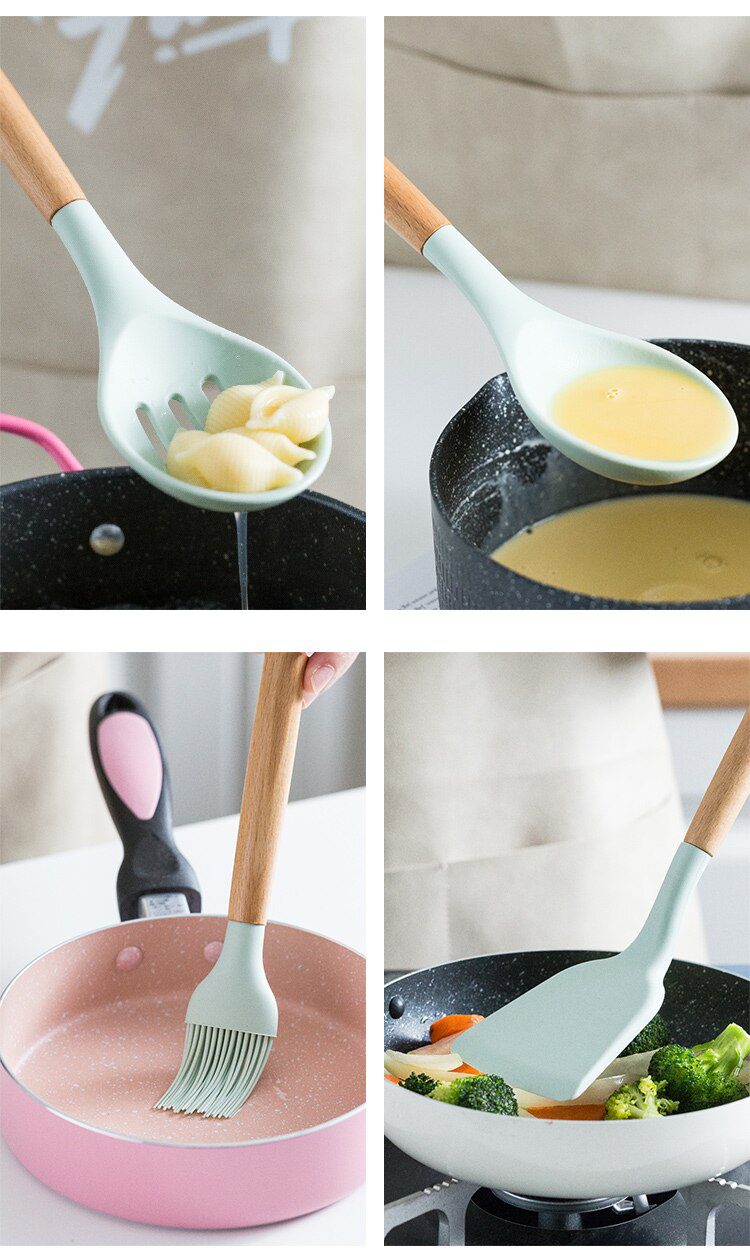 Silicone Kitchenware Cooking Utensils Set Non-stick Cookware Spatula Shovel Egg Beaters Wooden Handle Kitchen Cooking Tool Set Silicone Kitchenware Cooking Utensils Set Non-stick Cookware Spatula Shovel Egg Beaters Wooden Handle Kitchen Cooking Tool Set