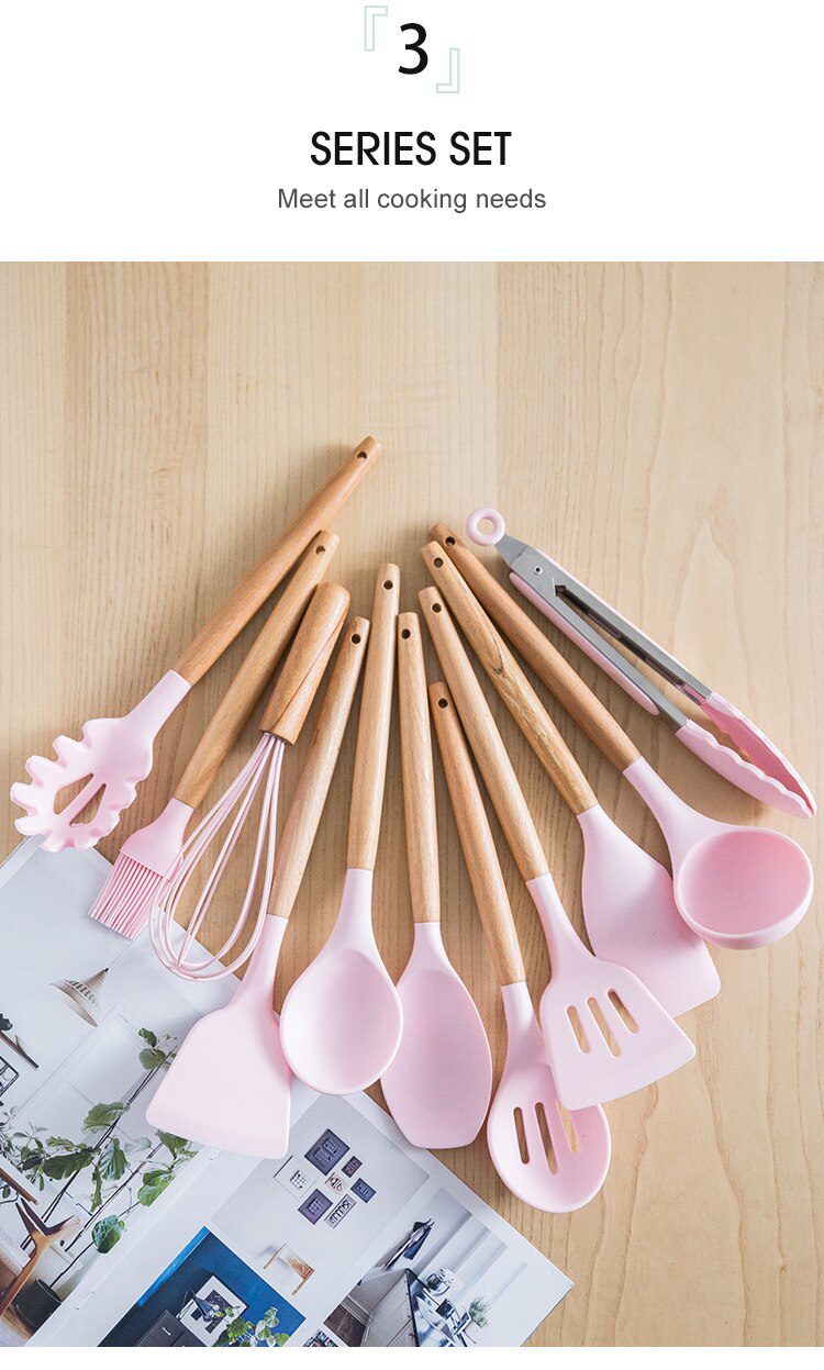 Silicone Kitchenware Cooking Utensils Set Non-stick Cookware Spatula Shovel Egg Beaters Wooden Handle Kitchen Cooking Tool Set Silicone Kitchenware Cooking Utensils Set Non-stick Cookware Spatula Shovel Egg Beaters Wooden Handle Kitchen Cooking Tool Set