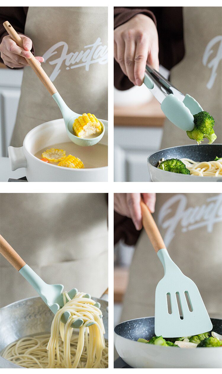 Silicone Kitchenware Cooking Utensils Set Non-stick Cookware Spatula Shovel Egg Beaters Wooden Handle Kitchen Cooking Tool Set Silicone Kitchenware Cooking Utensils Set Non-stick Cookware Spatula Shovel Egg Beaters Wooden Handle Kitchen Cooking Tool Set