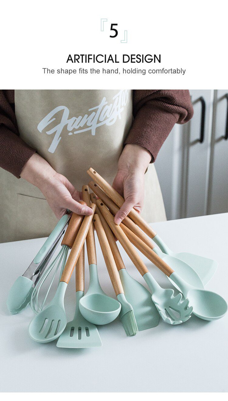 Silicone Kitchenware Cooking Utensils Set Non-stick Cookware Spatula Shovel Egg Beaters Wooden Handle Kitchen Cooking Tool Set Silicone Kitchenware Cooking Utensils Set Non-stick Cookware Spatula Shovel Egg Beaters Wooden Handle Kitchen Cooking Tool Set