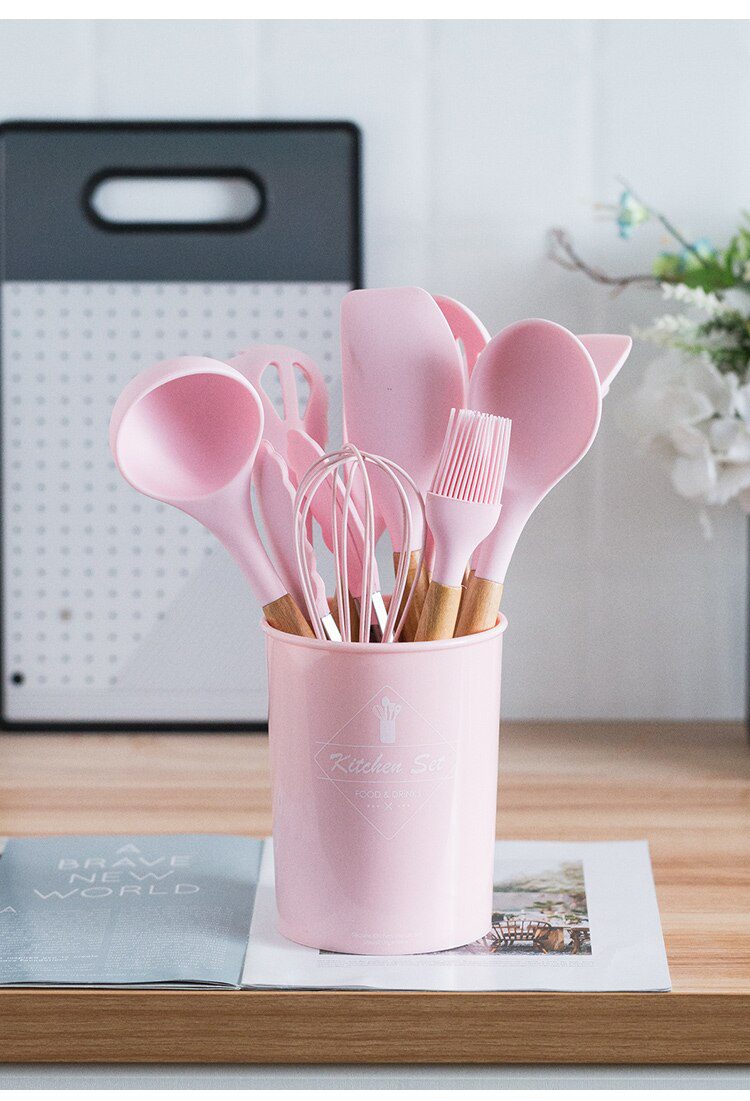 Silicone Kitchenware Cooking Utensils Set Non-stick Cookware Spatula Shovel Egg Beaters Wooden Handle Kitchen Cooking Tool Set Silicone Kitchenware Cooking Utensils Set Non-stick Cookware Spatula Shovel Egg Beaters Wooden Handle Kitchen Cooking Tool Set