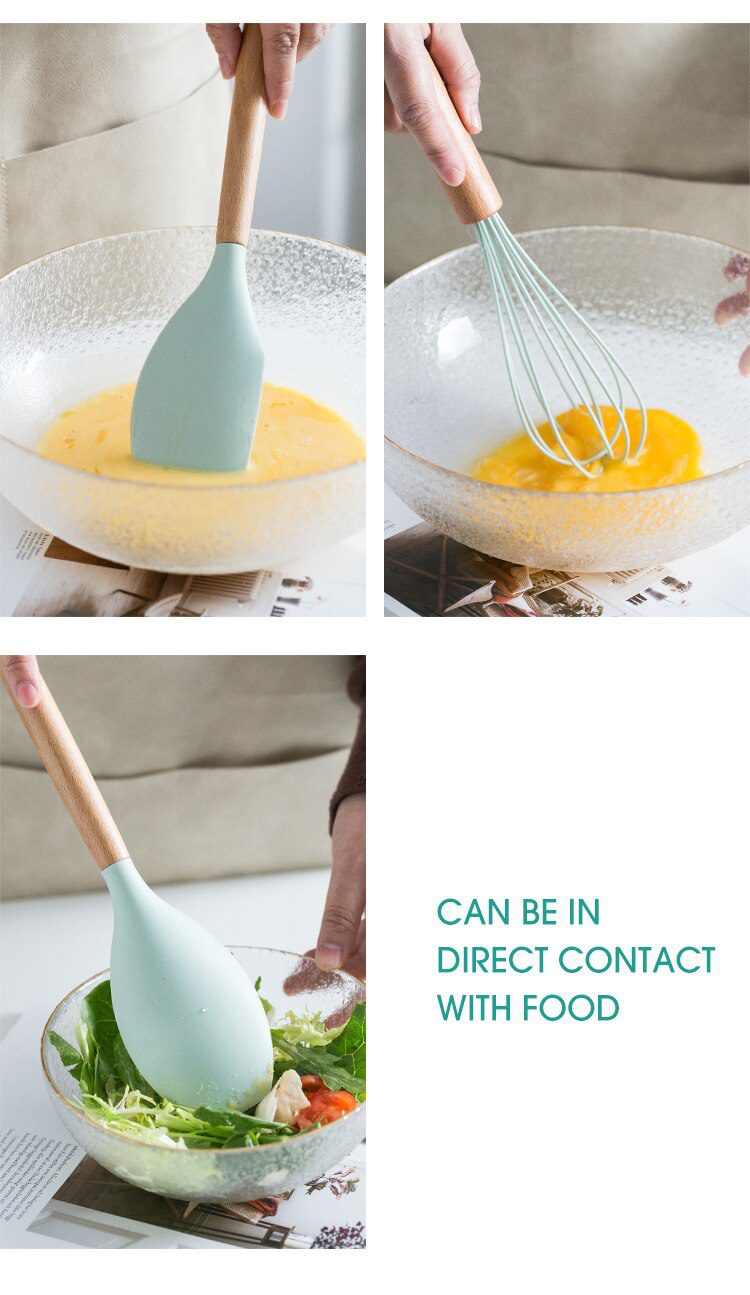 Silicone Kitchenware Cooking Utensils Set Non-stick Cookware Spatula Shovel Egg Beaters Wooden Handle Kitchen Cooking Tool Set Silicone Kitchenware Cooking Utensils Set Non-stick Cookware Spatula Shovel Egg Beaters Wooden Handle Kitchen Cooking Tool Set