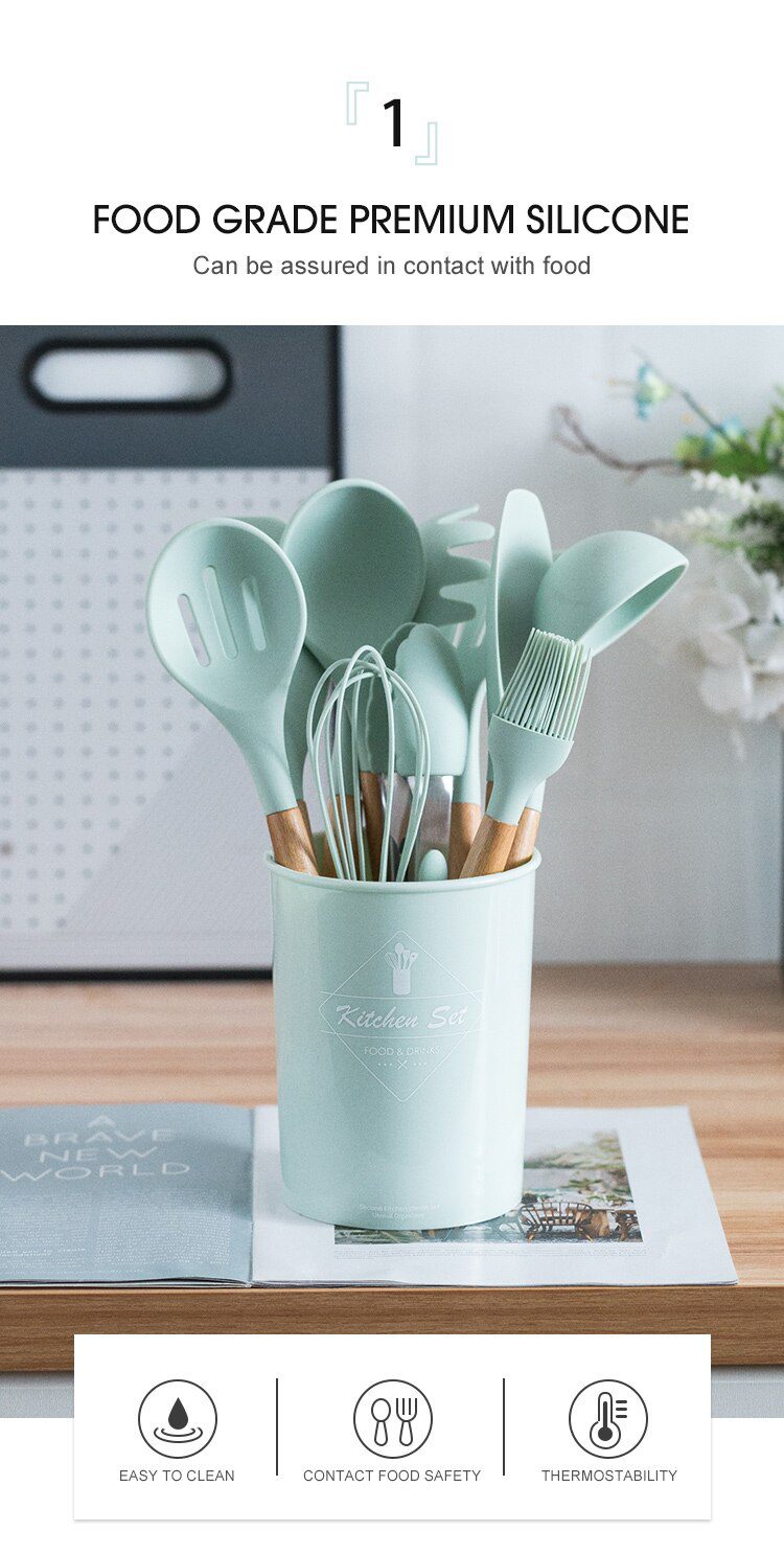 Silicone Kitchenware Cooking Utensils Set Non-stick Cookware Spatula Shovel Egg Beaters Wooden Handle Kitchen Cooking Tool Set Silicone Kitchenware Cooking Utensils Set Non-stick Cookware Spatula Shovel Egg Beaters Wooden Handle Kitchen Cooking Tool Set