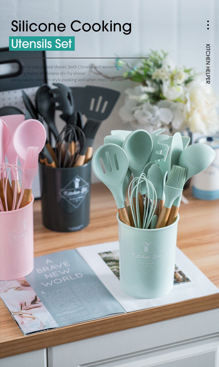 Silicone Kitchenware Cooking Utensils Set Non-stick Cookware Spatula Shovel Egg Beaters Wooden Handle Kitchen Cooking Tool Set Silicone Kitchenware Cooking Utensils Set Non-stick Cookware Spatula Shovel Egg Beaters Wooden Handle Kitchen Cooking Tool Set