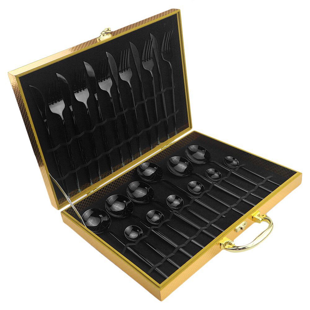 24pcs Black Western Dinnerware Set Stainless Steel Cutlery Set Fork Knife Spoon Tableware Set Flatware Set Silverware Set 24pcs Black Western Dinnerware Set Stainless Steel Cutlery Set Fork Knife Spoon Tableware Set Flatware Set Silverware Set