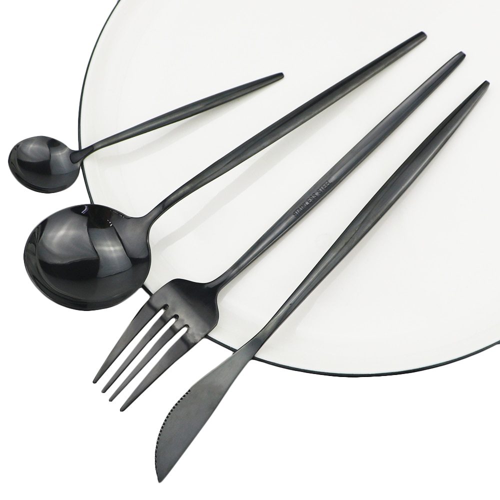24Pcs/Set Stainless Steel Dinner Black Gold Dinnerware Set Knife Fork Coffee Spoon Cutlery Set Kitchen Tableware Silverware Sets