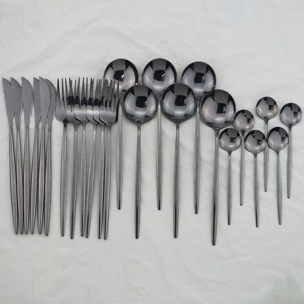 24Pcs/Set Stainless Steel Dinner Black Gold Dinnerware Set Knife Fork Coffee Spoon Cutlery Set Kitchen Tableware Silverware Sets