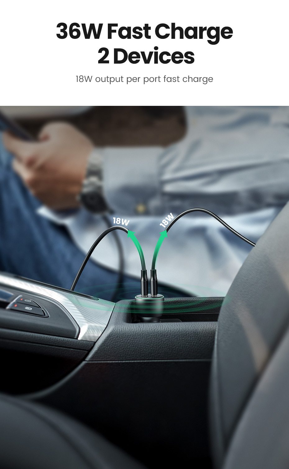 UGREEN Car Charger,Fast Charger for Redmi Note 10，USB Charger for Xiaomi iPhone，Quick 3.0 Charge for Samsung，QC3.0 Phone Charger