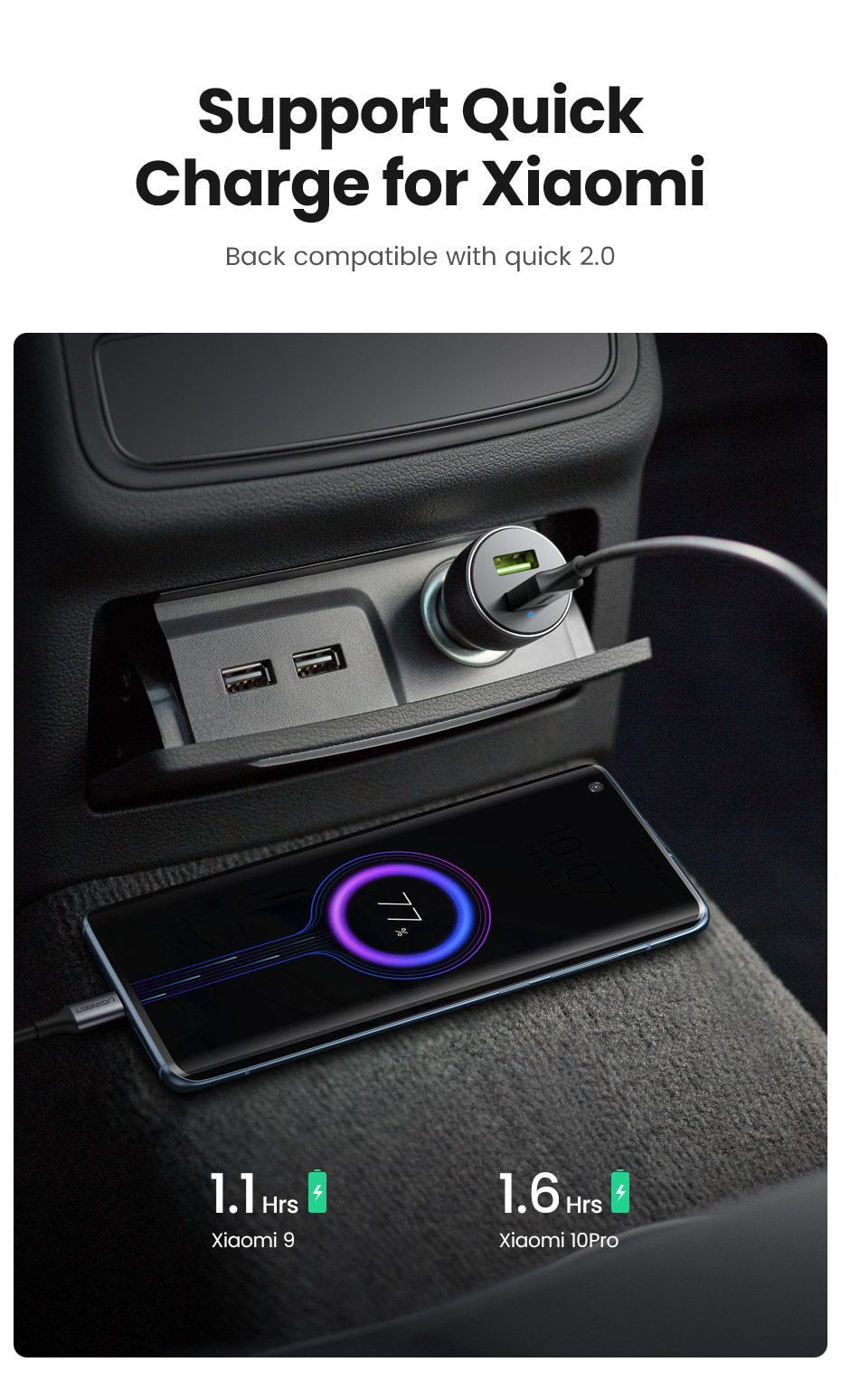 UGREEN Car Charger,Fast Charger for Redmi Note 10，USB Charger for Xiaomi iPhone，Quick 3.0 Charge for Samsung，QC3.0 Phone Charger