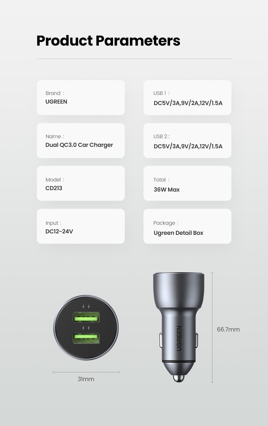 UGREEN Car Charger,Fast Charger for Redmi Note 10，USB Charger for Xiaomi iPhone，Quick 3.0 Charge for Samsung，QC3.0 Phone Charger