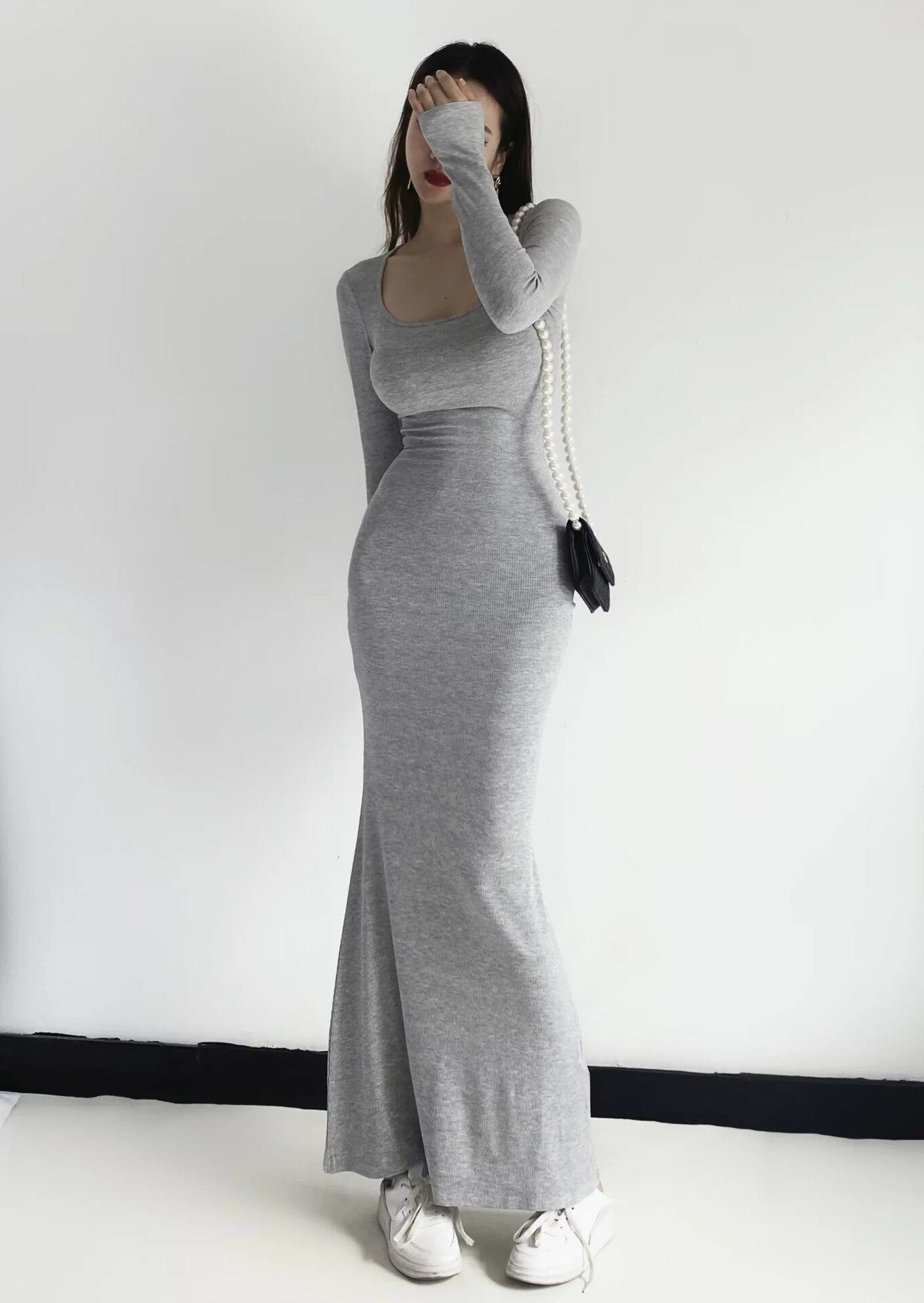 2022 Sexy Square Collar Knitted Cotton Maxi Long Mermaid Dress Women Full Sleeve Stretch Basic Bodycon Fishtail Robe Vestido