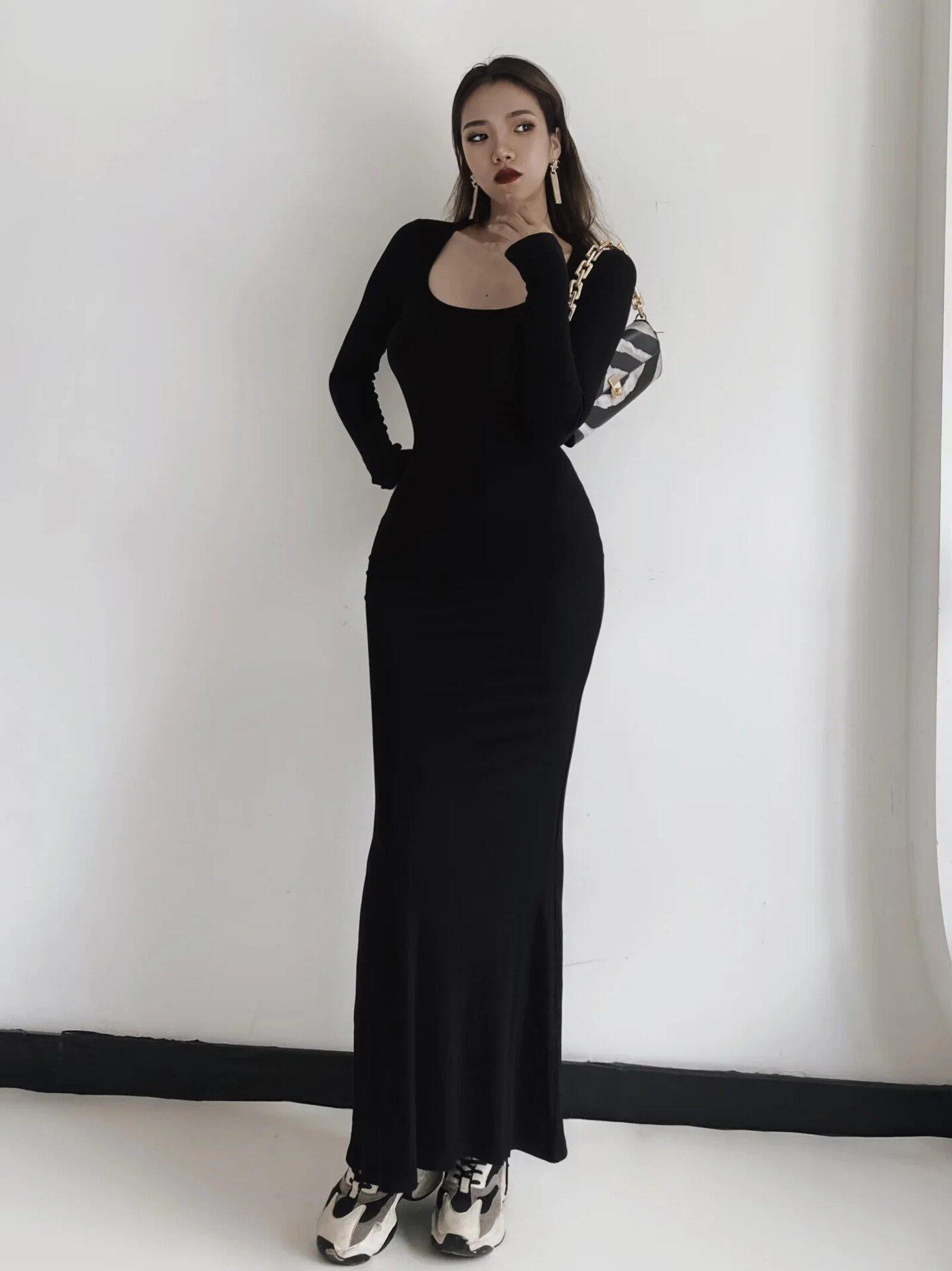 2022 Sexy Square Collar Knitted Cotton Maxi Long Mermaid Dress Women Full Sleeve Stretch Basic Bodycon Fishtail Robe Vestido