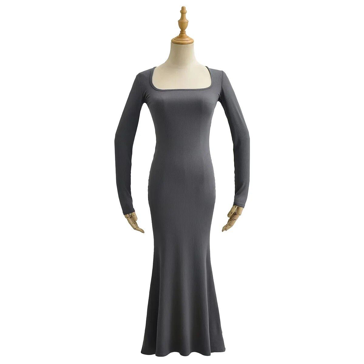2022 Sexy Square Collar Knitted Cotton Maxi Long Mermaid Dress Women Full Sleeve Stretch Basic Bodycon Fishtail Robe Vestido