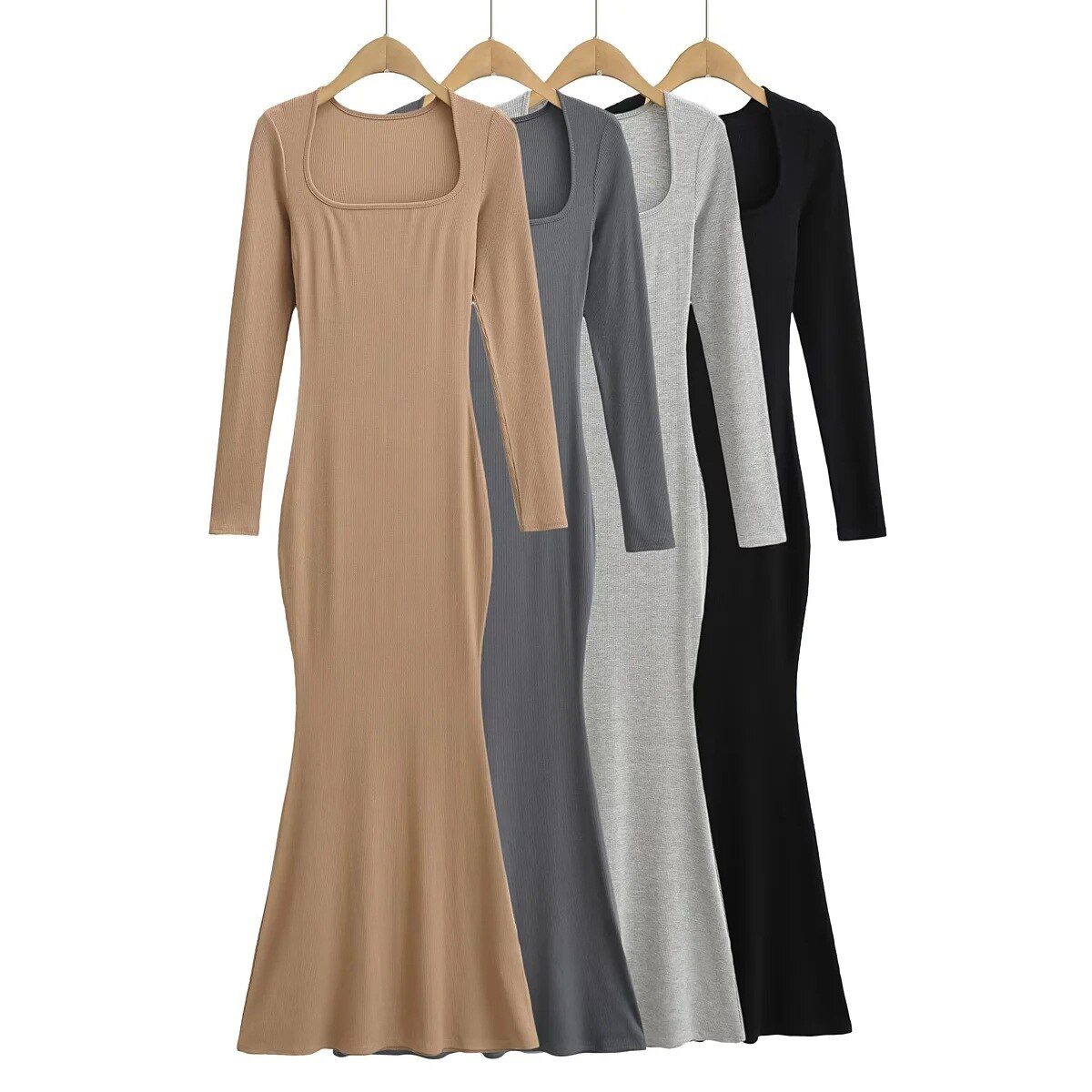 2022 Sexy Square Collar Knitted Cotton Maxi Long Mermaid Dress Women Full Sleeve Stretch Basic Bodycon Fishtail Robe Vestido