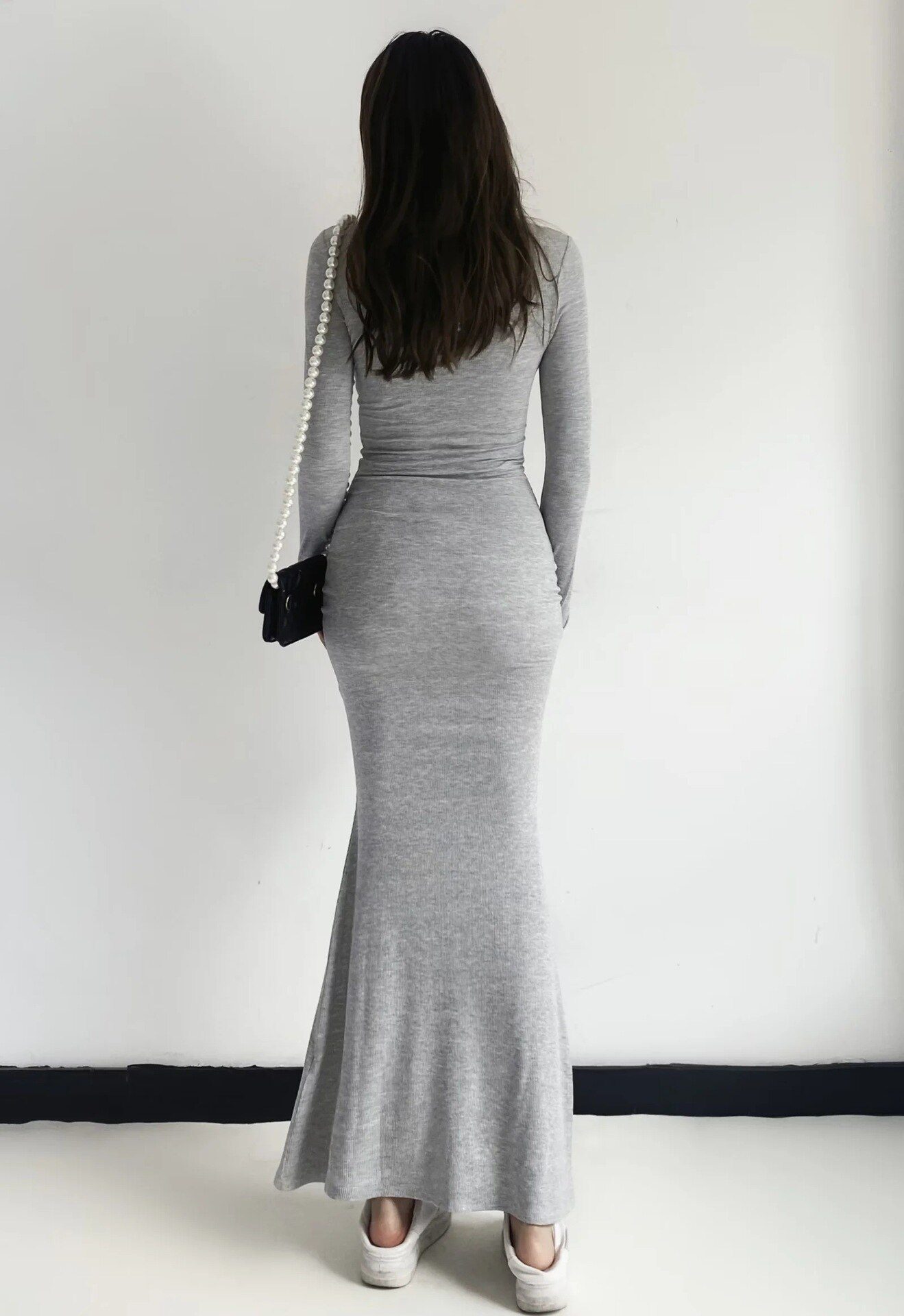 2022 Sexy Square Collar Knitted Cotton Maxi Long Mermaid Dress Women Full Sleeve Stretch Basic Bodycon Fishtail Robe Vestido