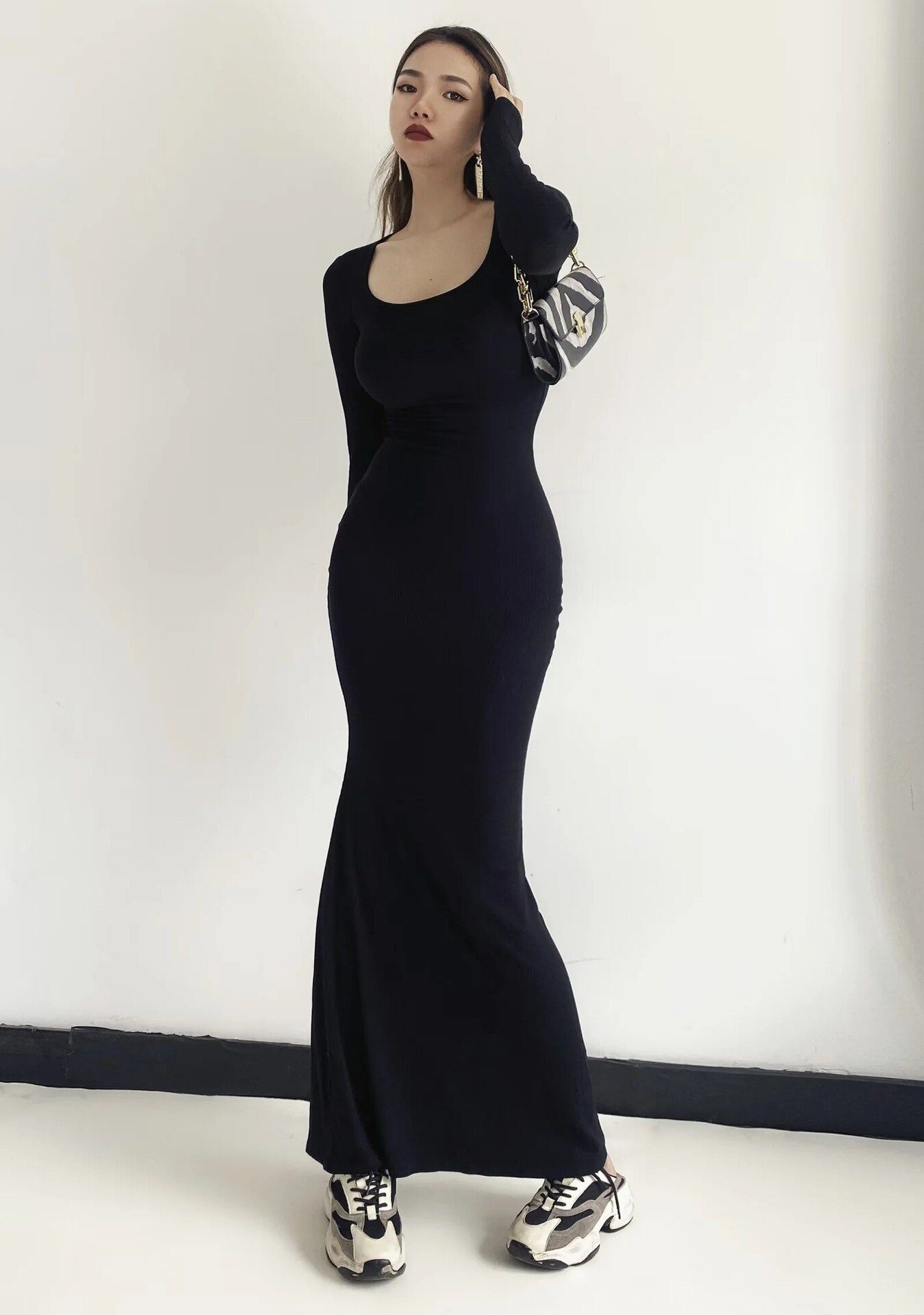 2022 Sexy Square Collar Knitted Cotton Maxi Long Mermaid Dress Women Full Sleeve Stretch Basic Bodycon Fishtail Robe Vestido