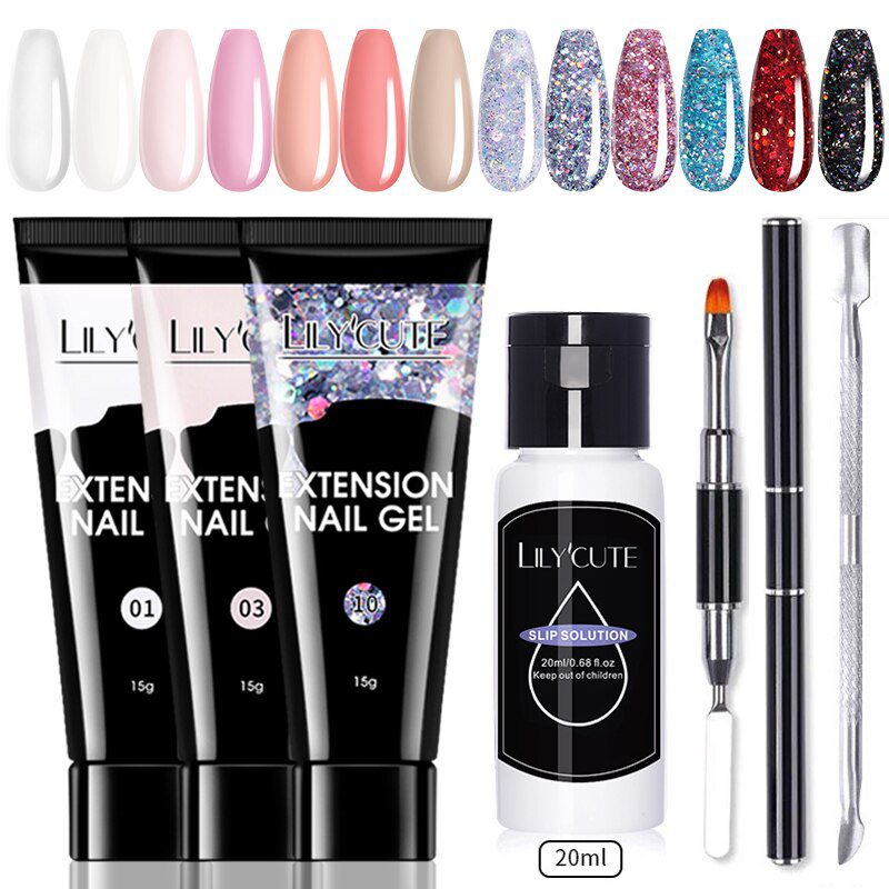 LILYCUTE 15ml Nail Extension Gel Kit Soak Off UV Gel Acrylic White Clear Gel Nail Polish for Home Nail Art salon Set