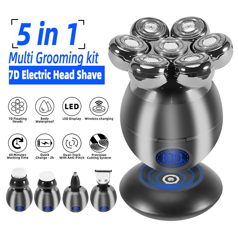 5 in 1 Electric Head Shaver for Bald Men 7D Floating Cutter Beard Trimmer Clipper IP68 Waterproof Shaving USB Wireless Charging 5 in 1 Electric Head Shaver for Bald Men 7D Floating Cutter Beard Trimmer Clipper IP68 Waterproof Shaving USB Wireless Charging