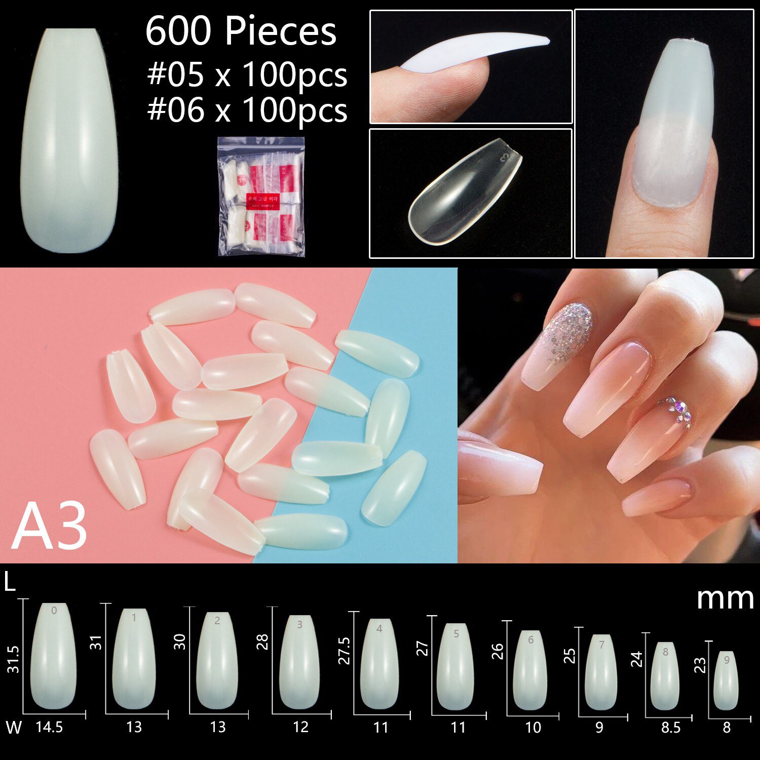 500 Pieces Of Ballerina Stiletto Coffin Rounded Square False Nail Tips Manicure Fake Nail Tips Long False Nails Short Nail Tips