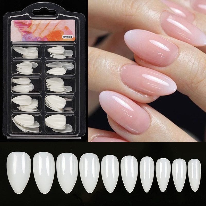 100Pcs/box Quick Extension Full Cover Fake Nails Clear White Water Drop Coffin False Nails Tips Finger Extension Nail Art Mold