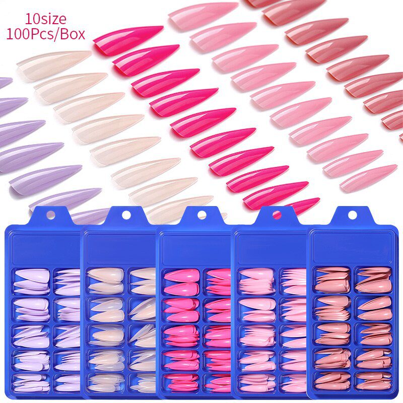 100Pcs/box Quick Extension Full Cover Fake Nails Clear White Water Drop Coffin False Nails Tips Finger Extension Nail Art Mold