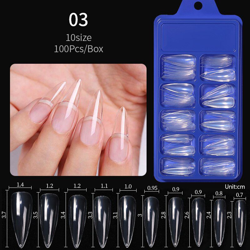100Pcs/box Quick Extension Full Cover Fake Nails Clear White Water Drop Coffin False Nails Tips Finger Extension Nail Art Mold