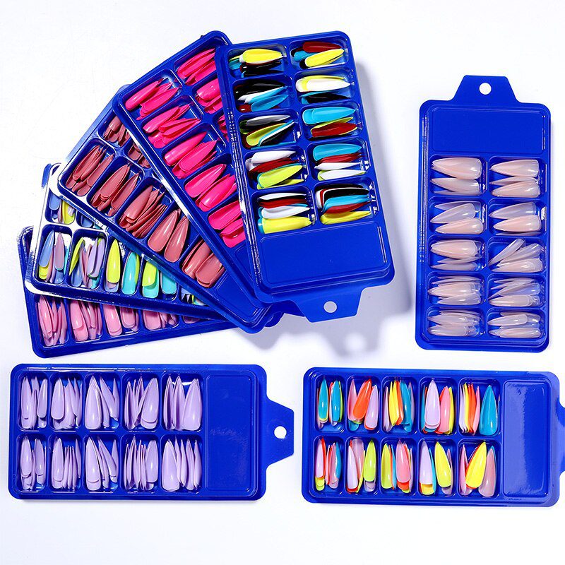 100Pcs/box Quick Extension Full Cover Fake Nails Clear White Water Drop Coffin False Nails Tips Finger Extension Nail Art Mold