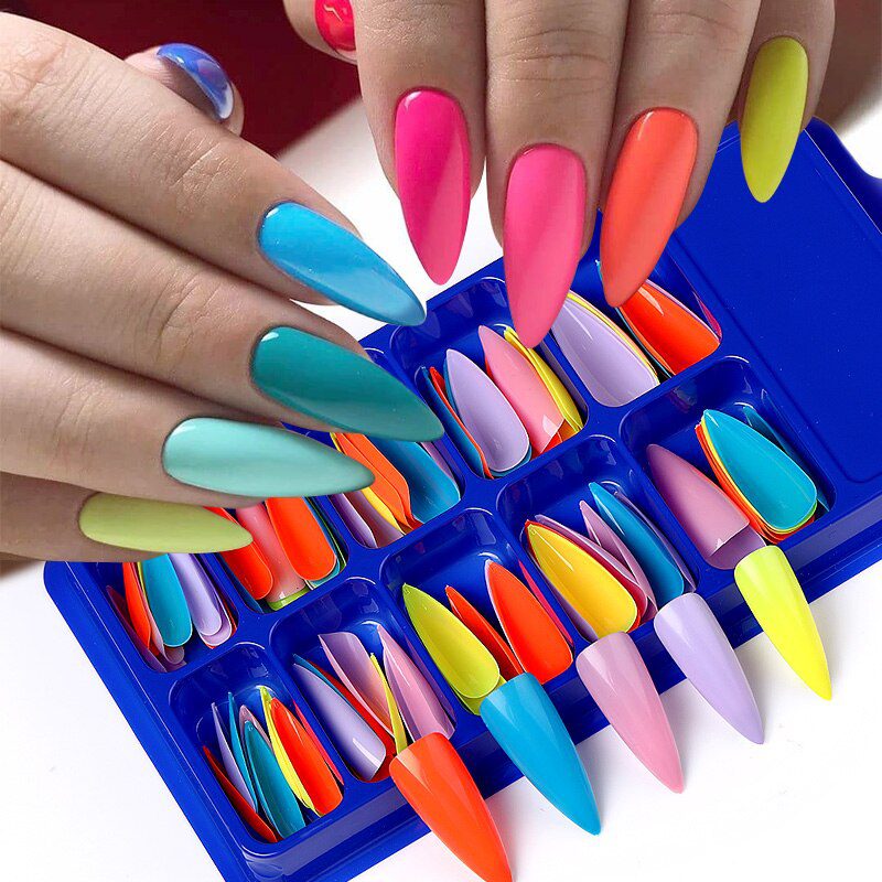 100Pcs/box Quick Extension Full Cover Fake Nails Clear White Water Drop Coffin False Nails Tips Finger Extension Nail Art Mold