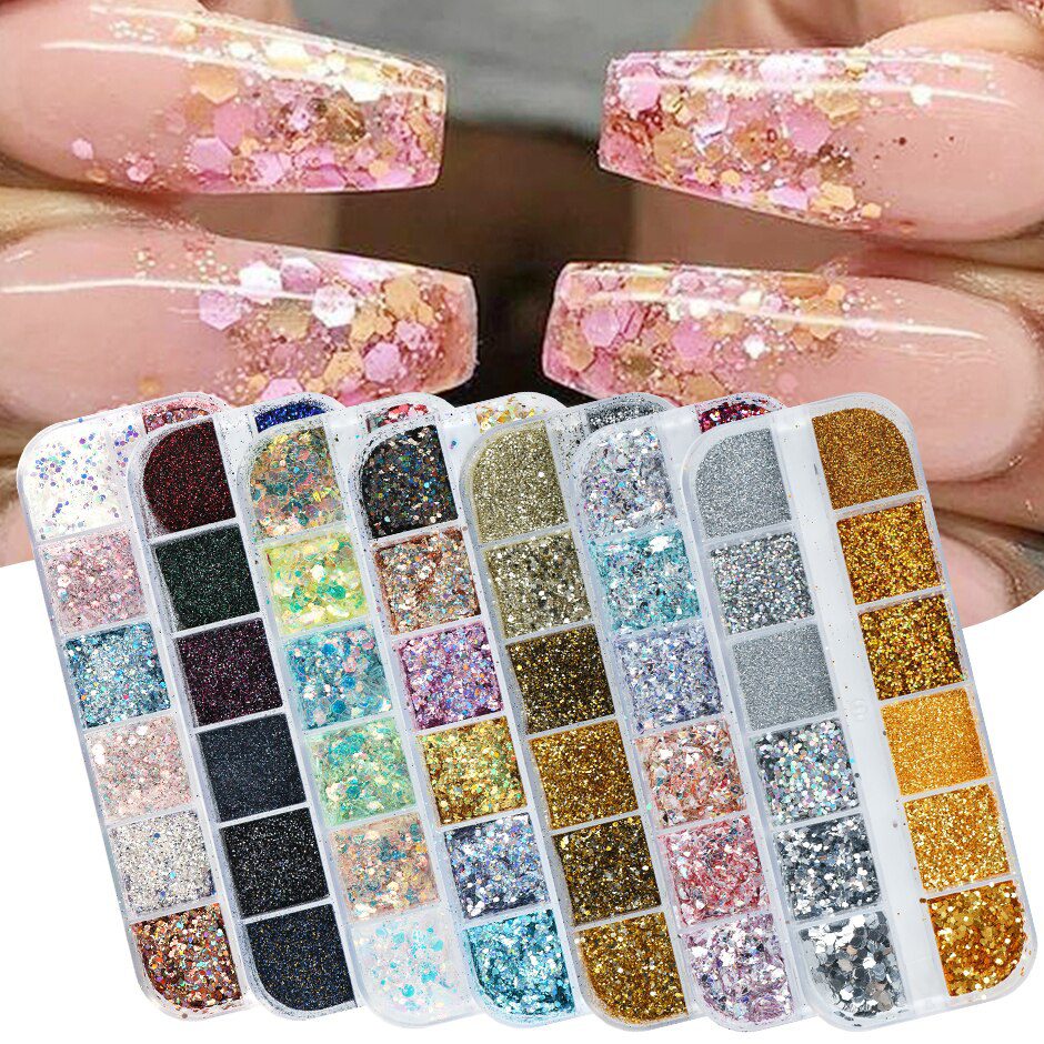Holographic Nail Glitter Flakes Sequin 12pcs in 1 Rose Gold Silver DIY Butterfly Dipping Powder for Acrylic Nails Tools CH1585