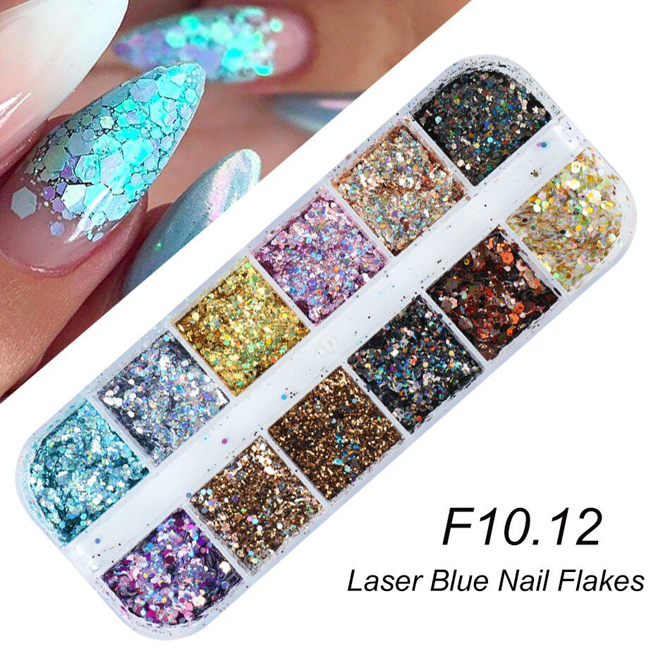 Holographic Nail Glitter Flakes Sequin 12pcs in 1 Rose Gold Silver DIY Butterfly Dipping Powder for Acrylic Nails Tools CH1585
